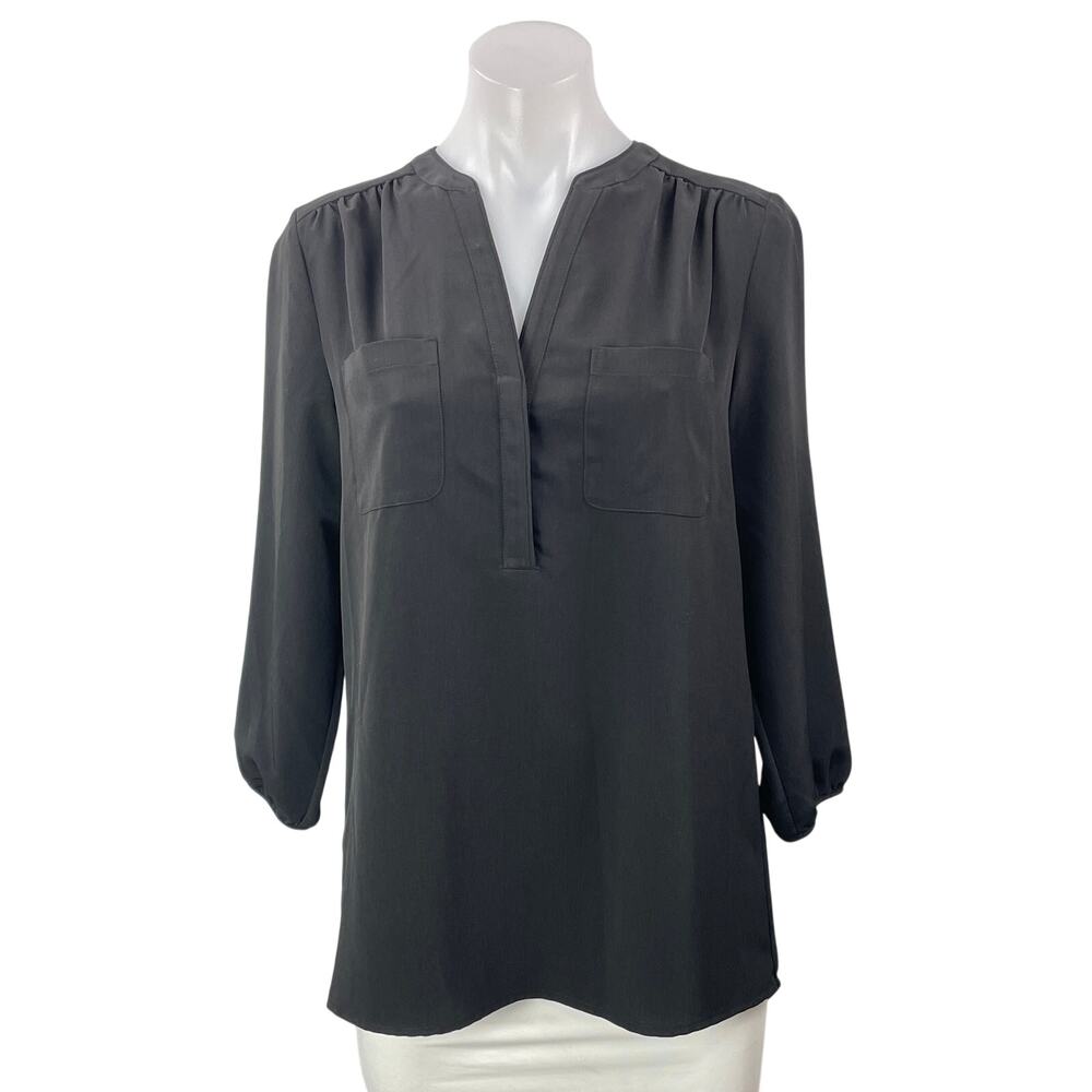NEW Johnston & Murphy Black Long Sleeve Pocket V Neck Shirt Blouse Top Size S